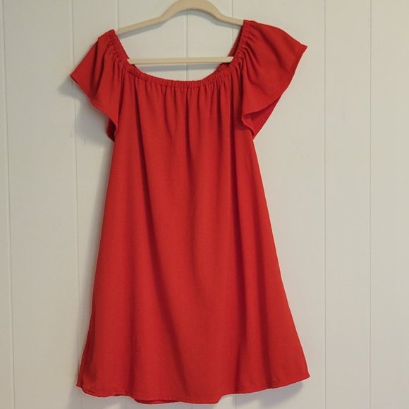 ❣️HP❣️Summer orange on or off elastic shoulder simple midi summer dress Sz: M - Picture 4 of 5